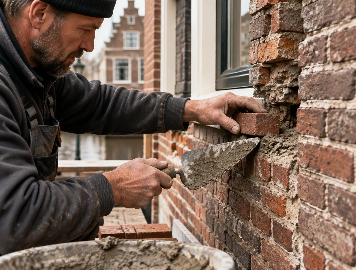 Metselaar herstelt beschadigd metselwerk met troffel en specie