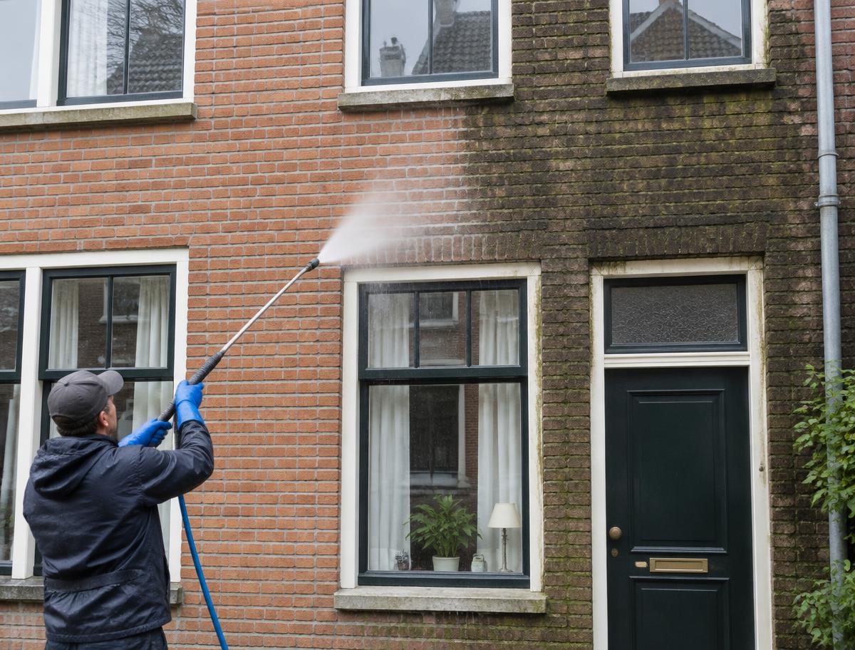 Vakman reinigt de bakstenen gevel van een Nederlandse woning