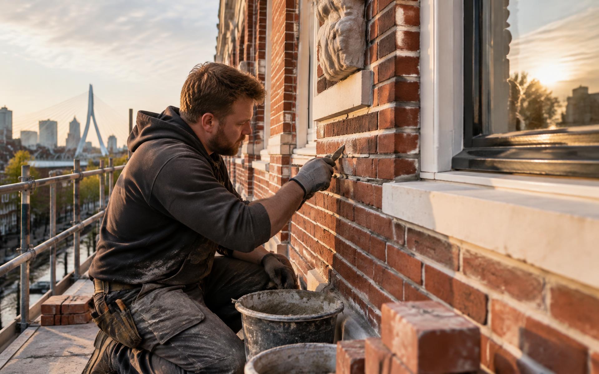 Vakman herstelt het voegwerk van een bakstenen gevel in Rotterdam
