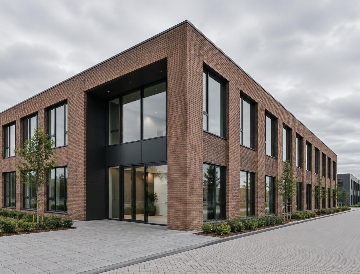 Modern bakstenen bedrijfspand met strakke gevel